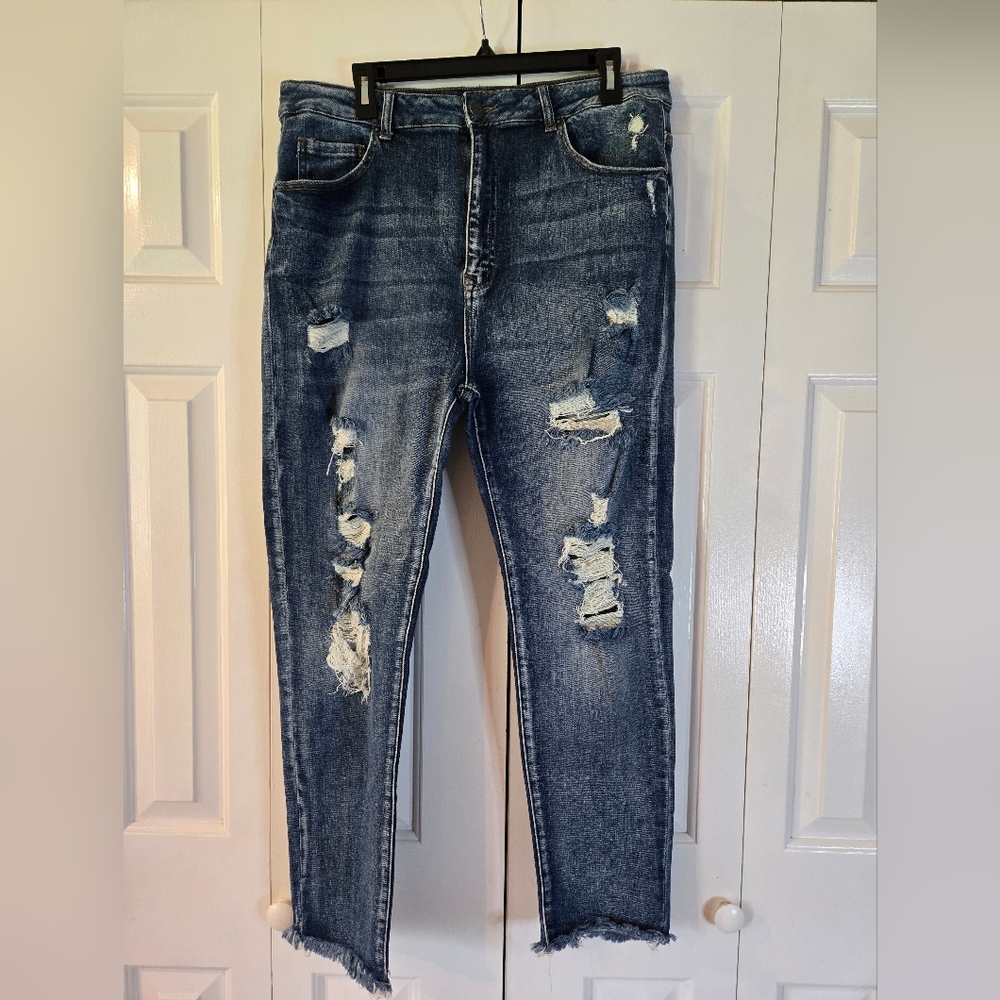 Ladies Risen Distressed Jeans with Tummy Contol Dark Wash Size 1XL